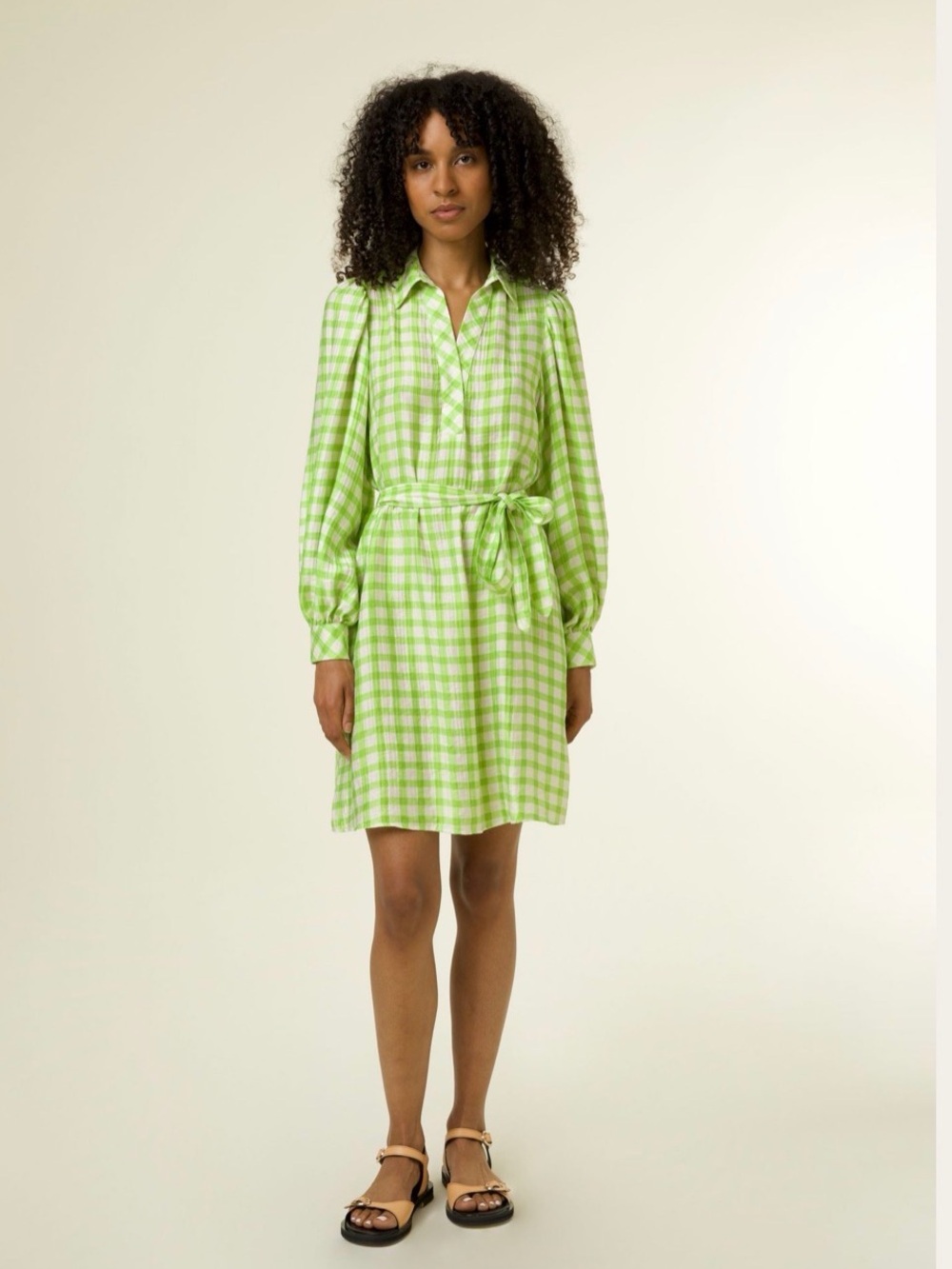 FRNCH Lime Green Gingham Tie-Waist Mini Dress